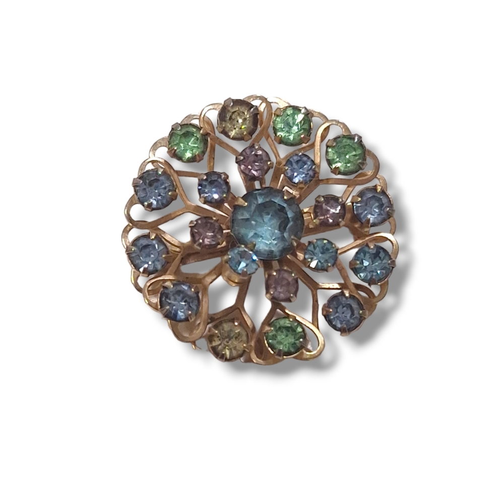 Vintage Multicolor Rhinestone Circle Heart Riveted Brooch Pin Glowy